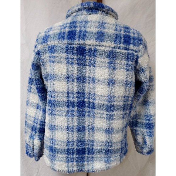 Blair Womens Medium Blue White Plaid Sherpa Snap Front Fuzzy Jacket - Picture 7 of 10